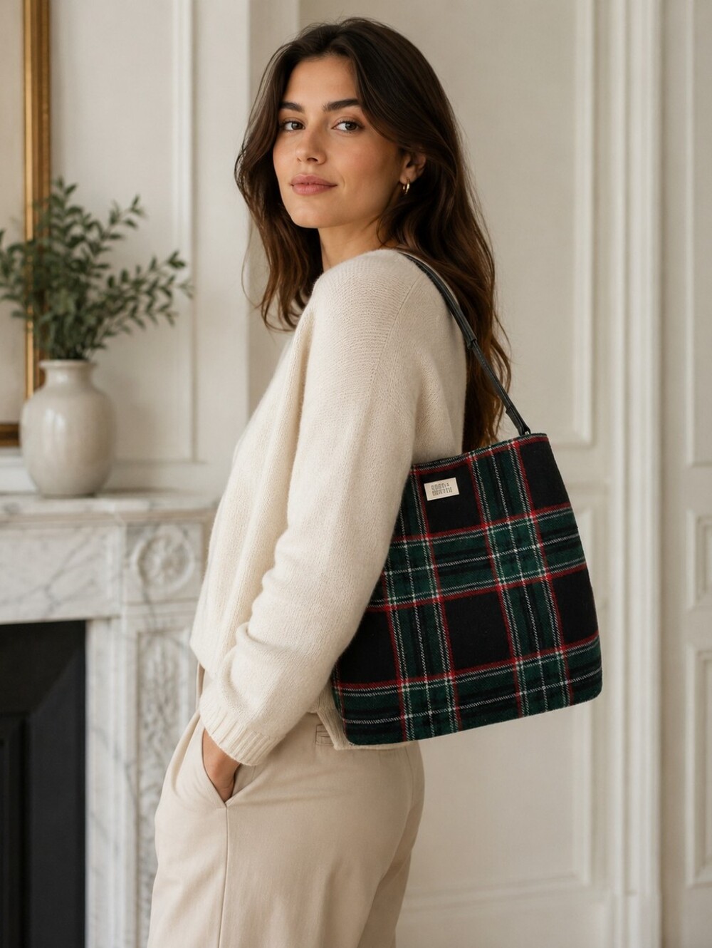 Coco + Carmen Black Tartan Plaid Shoulder Bag with Green & Red Accents